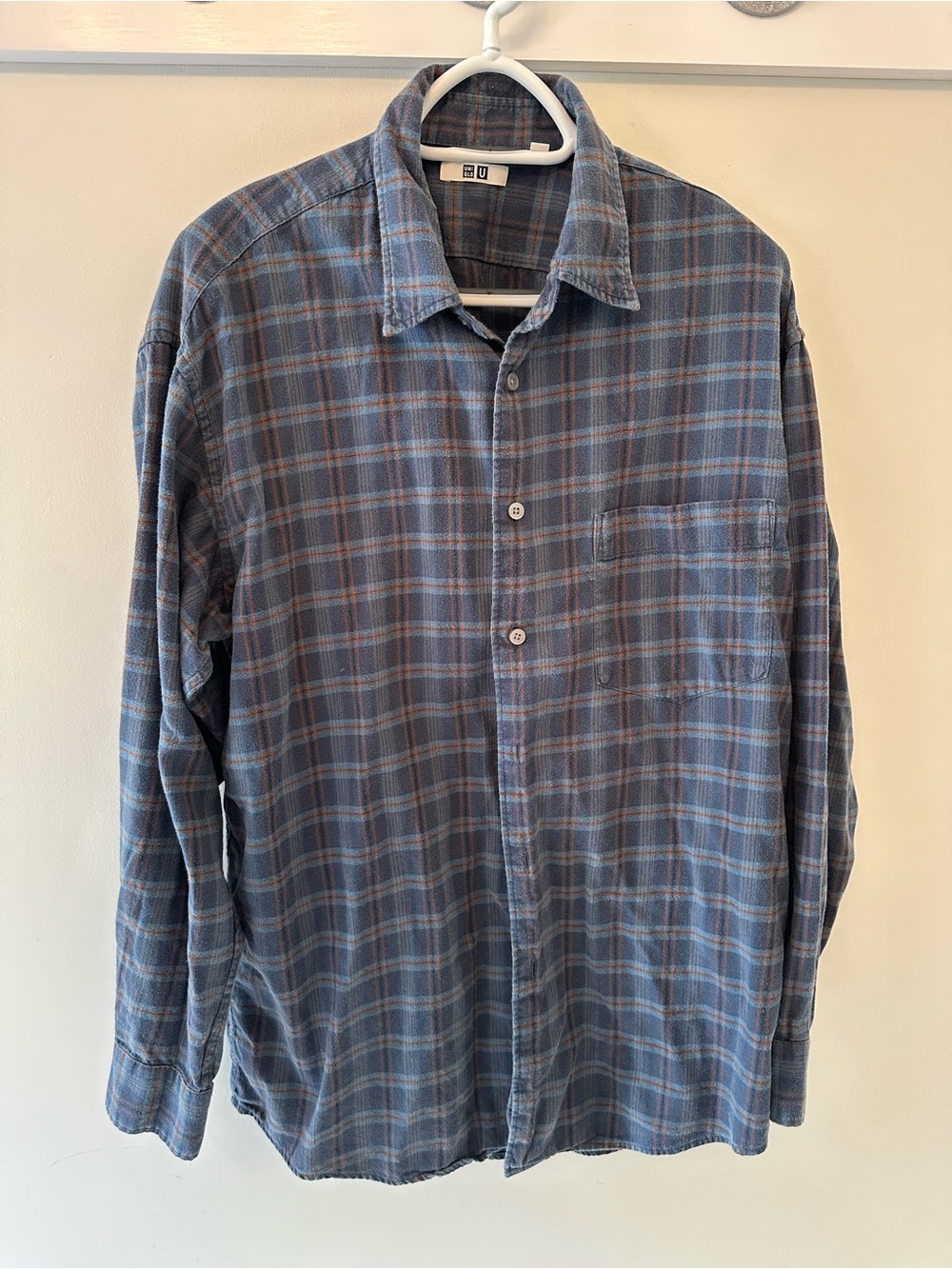 Uniqlo Blue Plaid Button-Down Shirt with Brown Accents